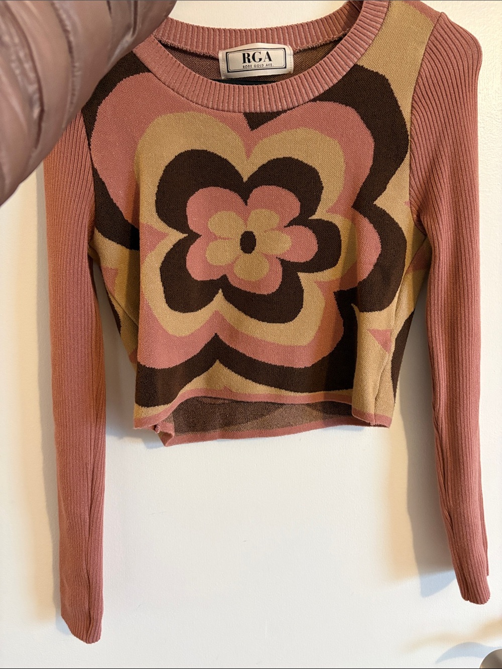 Pink & Brown Floral Knit Cropped Long-Sleeve Top groovy vibes
